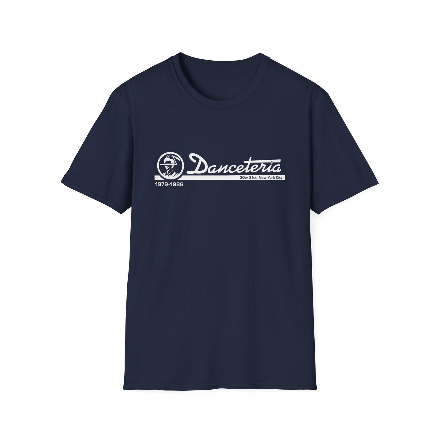 Navy t-shirt with white Danceteria logo, 1979-1986, and 30w 21st New York City.