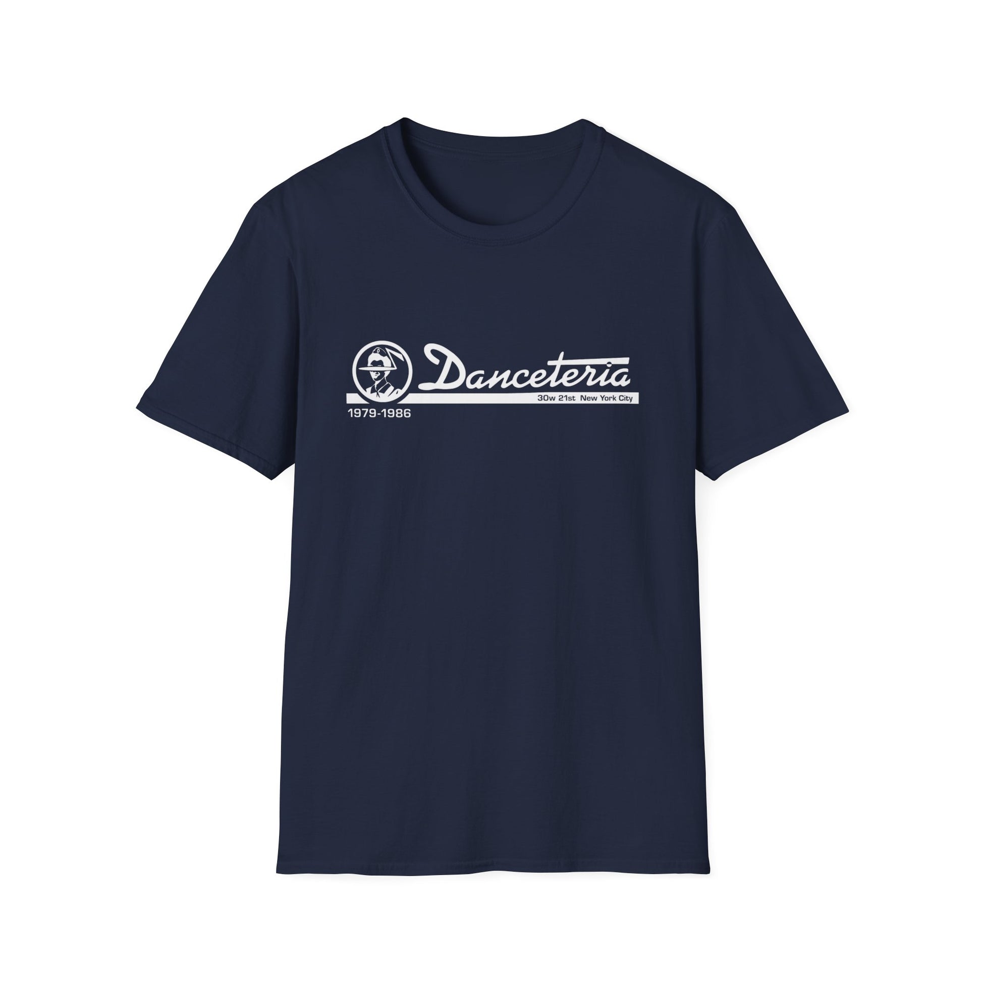 Navy t-shirt with white Danceteria logo, 1979-1986, and 30w 21st New York City.