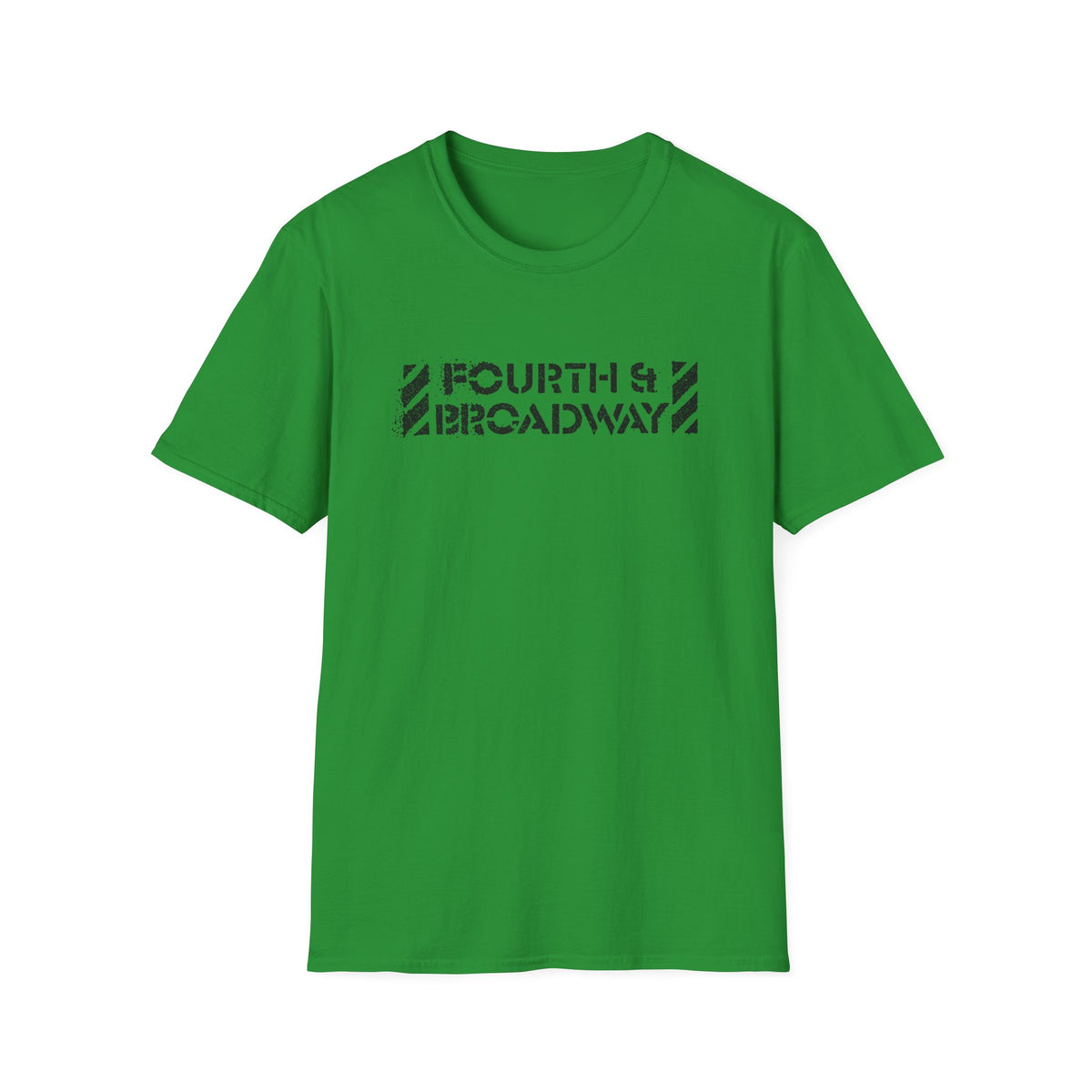 Green t-shirt with black distressed "FOURTH & BROADWAY" text graphic.