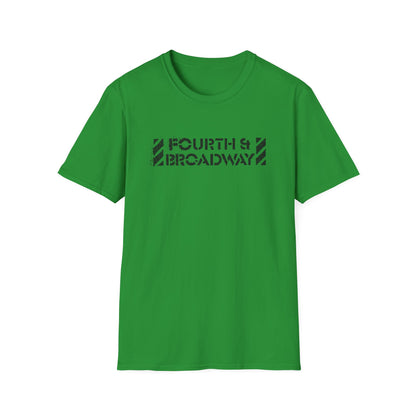 Green t-shirt with black distressed "FOURTH & BROADWAY" text graphic.