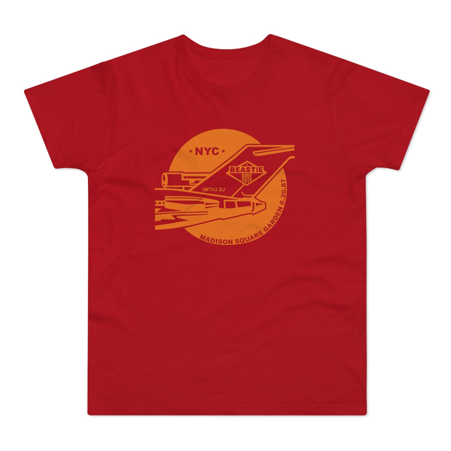 Red t-shirt with Beastie Boys Madison Square Garden 8.20.87 graphic.