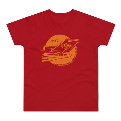 Red t-shirt with Beastie Boys Madison Square Garden 8.20.87 graphic.