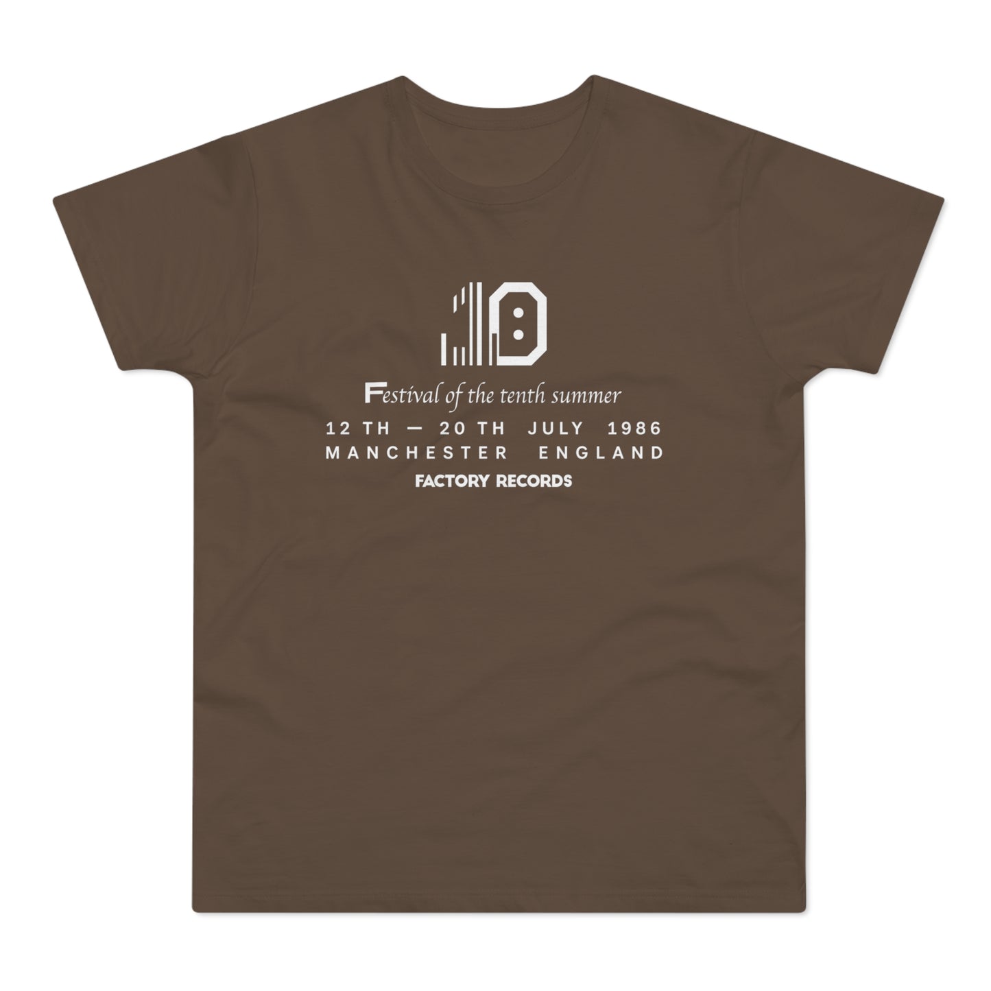 Brown t-shirt with white text: Festival of the tenth summer, 12-20 July 1986, Manchester.