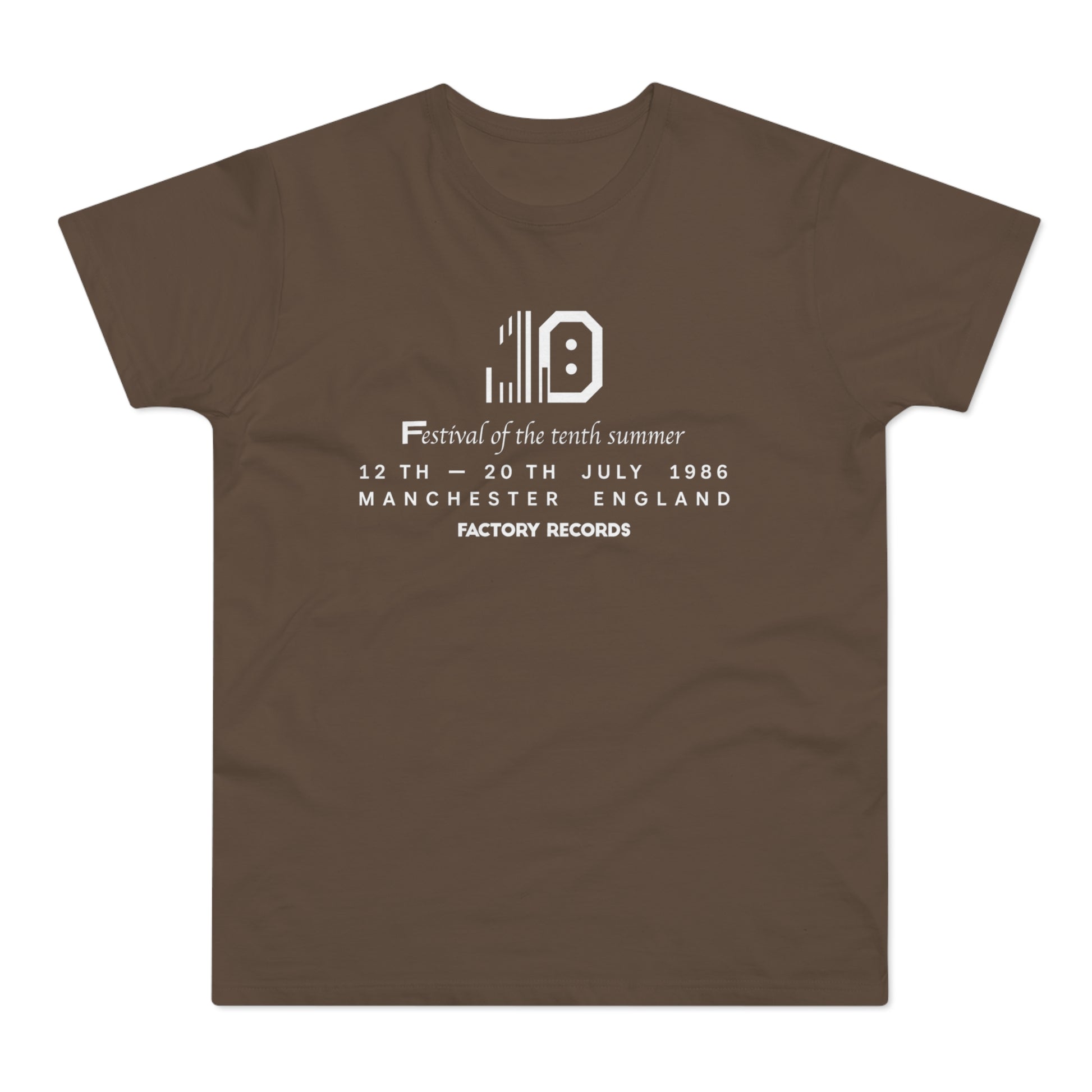Brown t-shirt with white text: Festival of the tenth summer, 12-20 July 1986, Manchester.