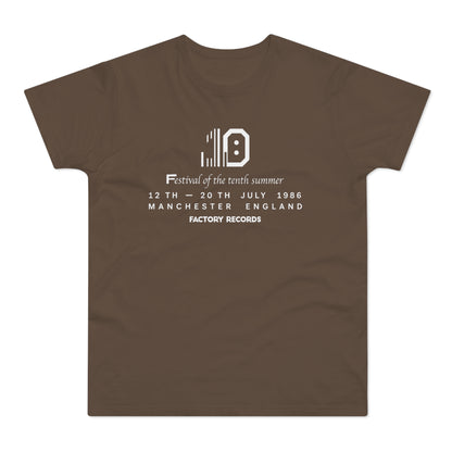 Brown t-shirt with white text: Festival of the tenth summer, 12-20 July 1986, Manchester.