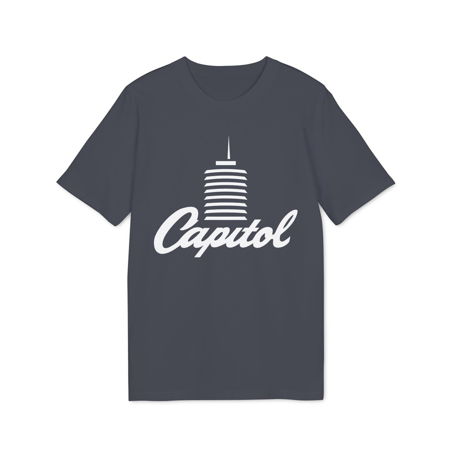 Dark grey t-shirt with white Capitol building logo and text