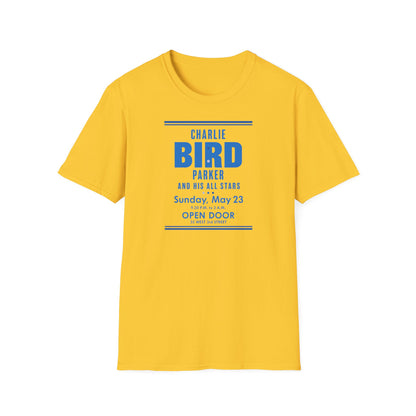 Yellow t-shirt with blue text: Charlie Bird Parker, his All Stars, Sunday May 23, Open Door.