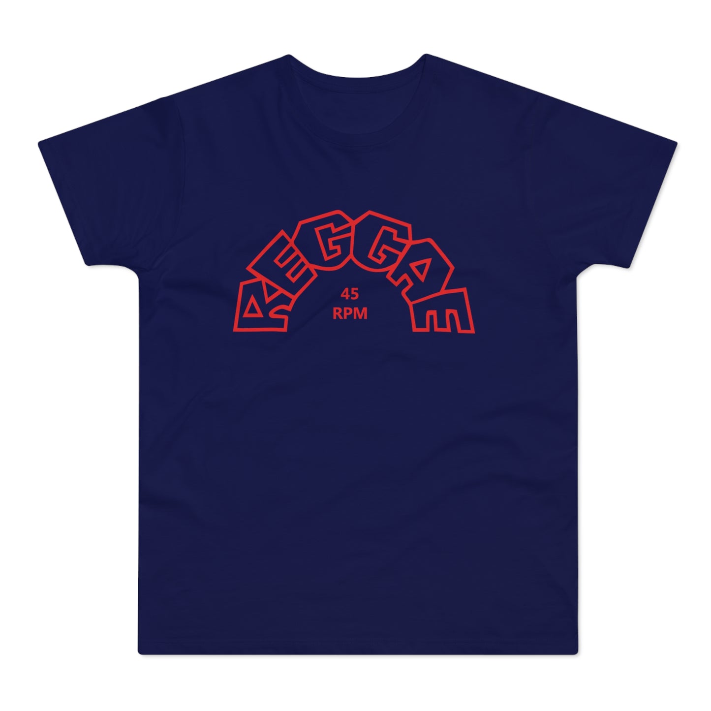 Navy t-shirt with red "REGGAE 45 RPM" text in a semicircular design.