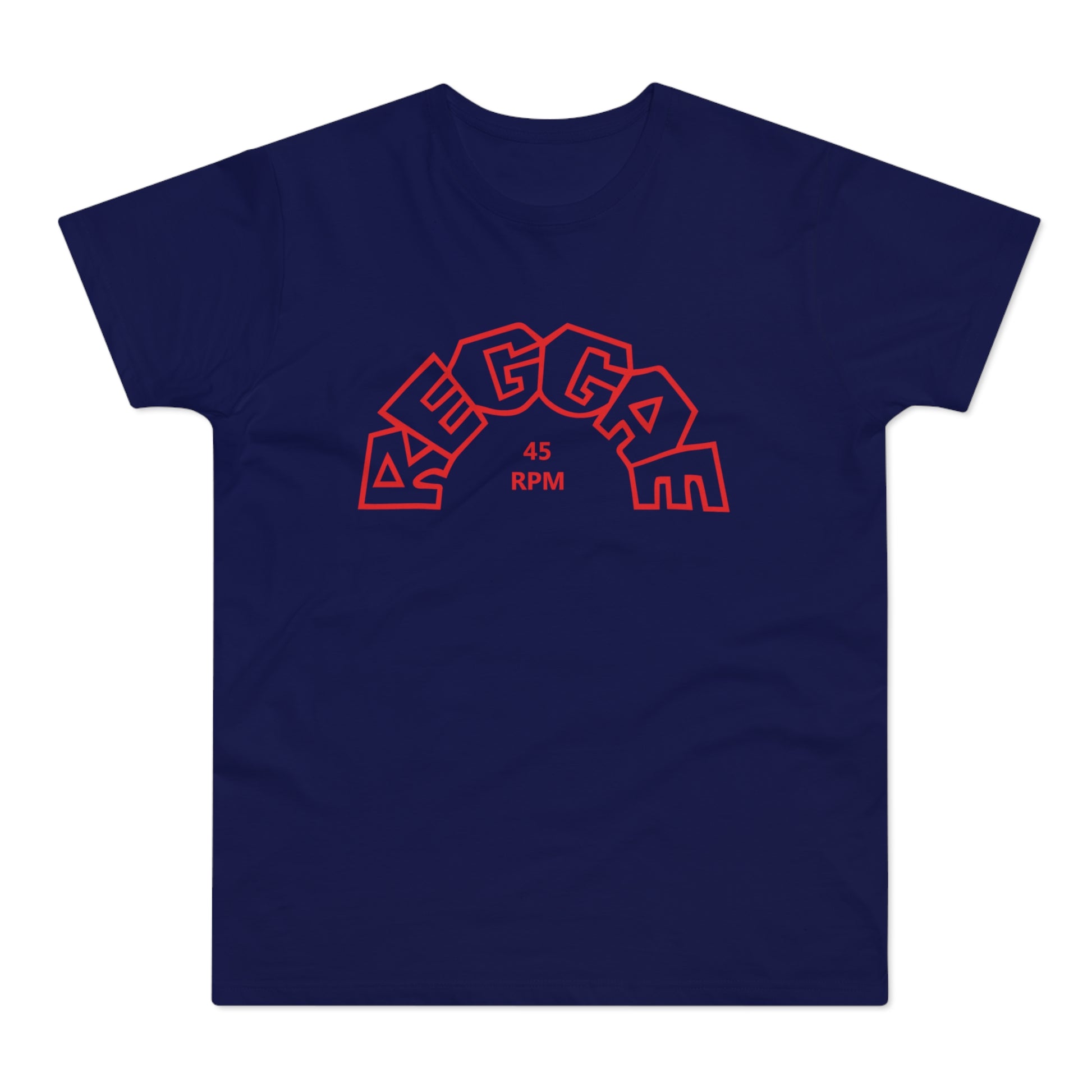 Navy t-shirt with red "REGGAE 45 RPM" text in a semicircular design.