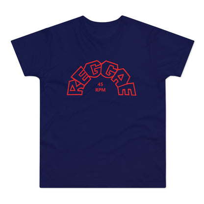 Navy t-shirt with red "REGGAE 45 RPM" text in a semicircular design.