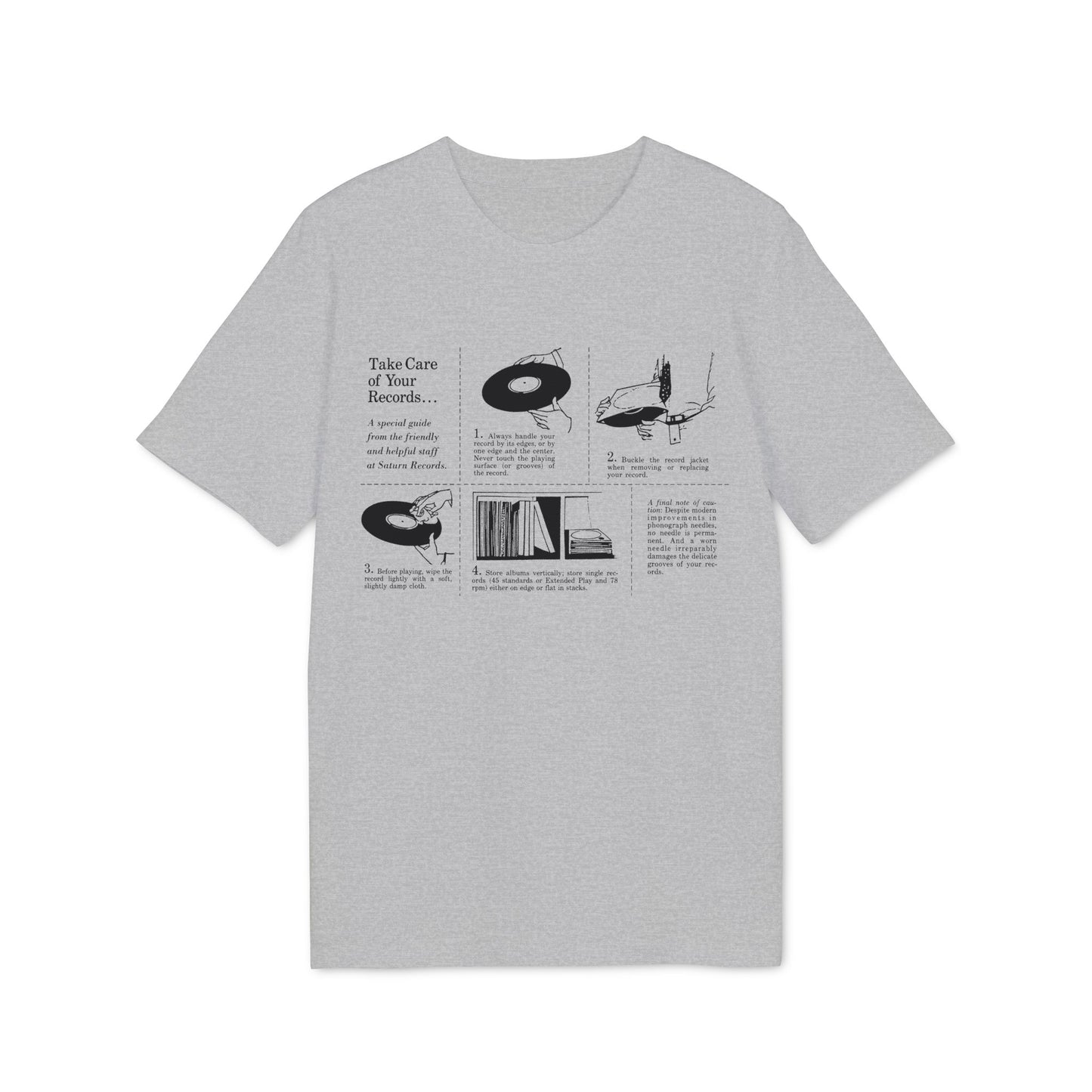 T-shirt with text and illustrations on caring for vinyl records.