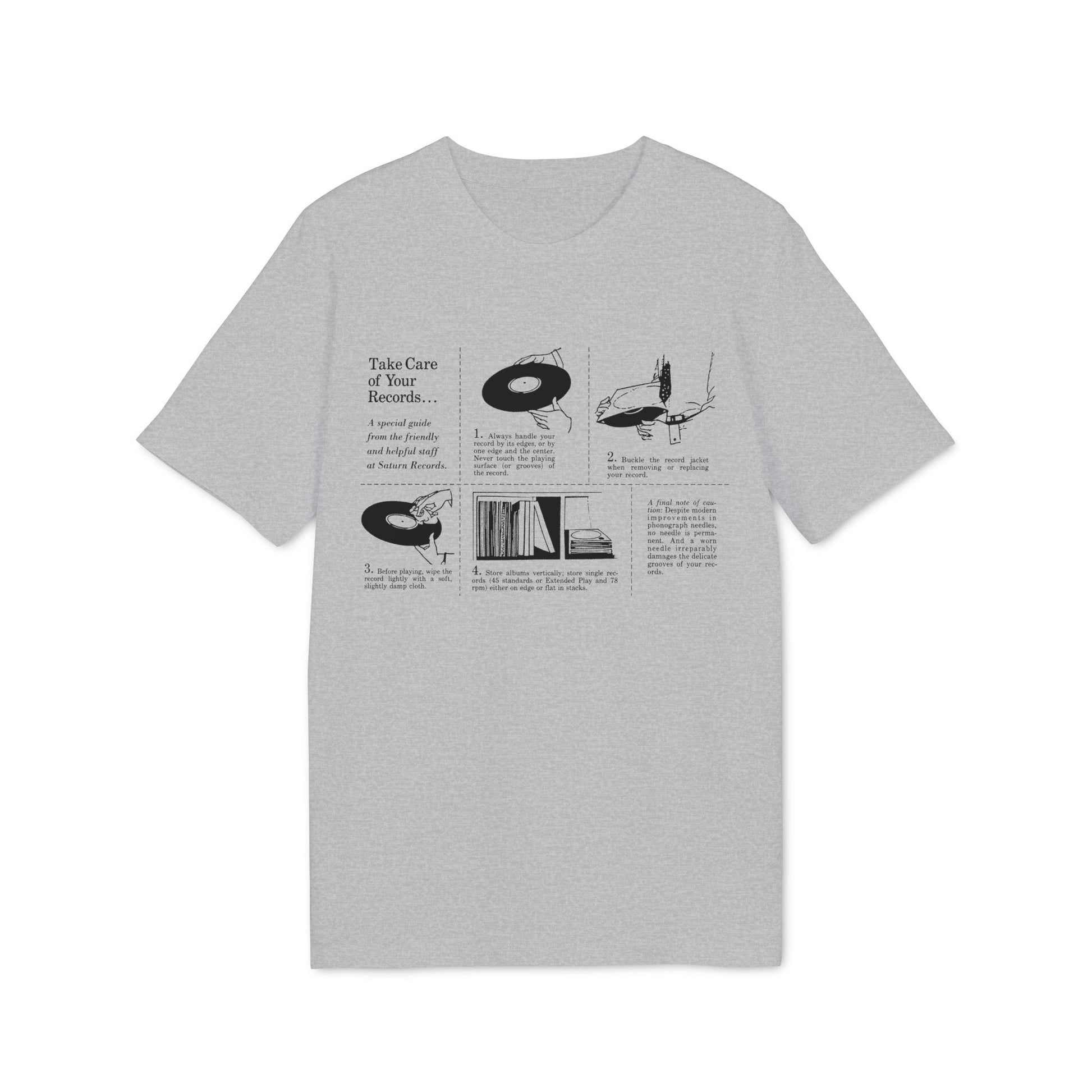 T-shirt with text and illustrations on caring for vinyl records.