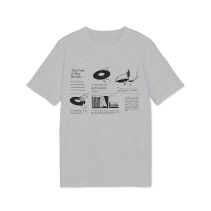 T-shirt with text and illustrations on caring for vinyl records.