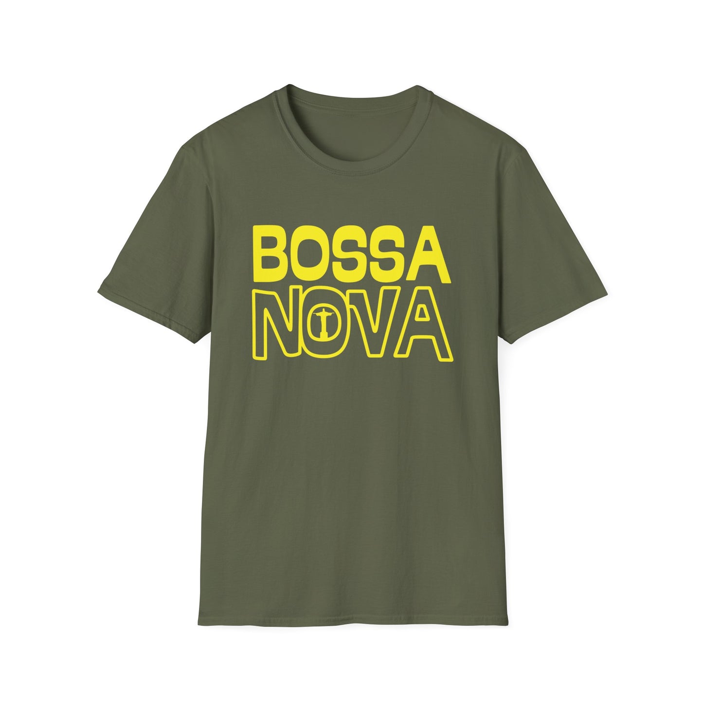 Olive green t-shirt with yellow "BOSSA NOVA" text and a Christ the Redeemer silhouette.