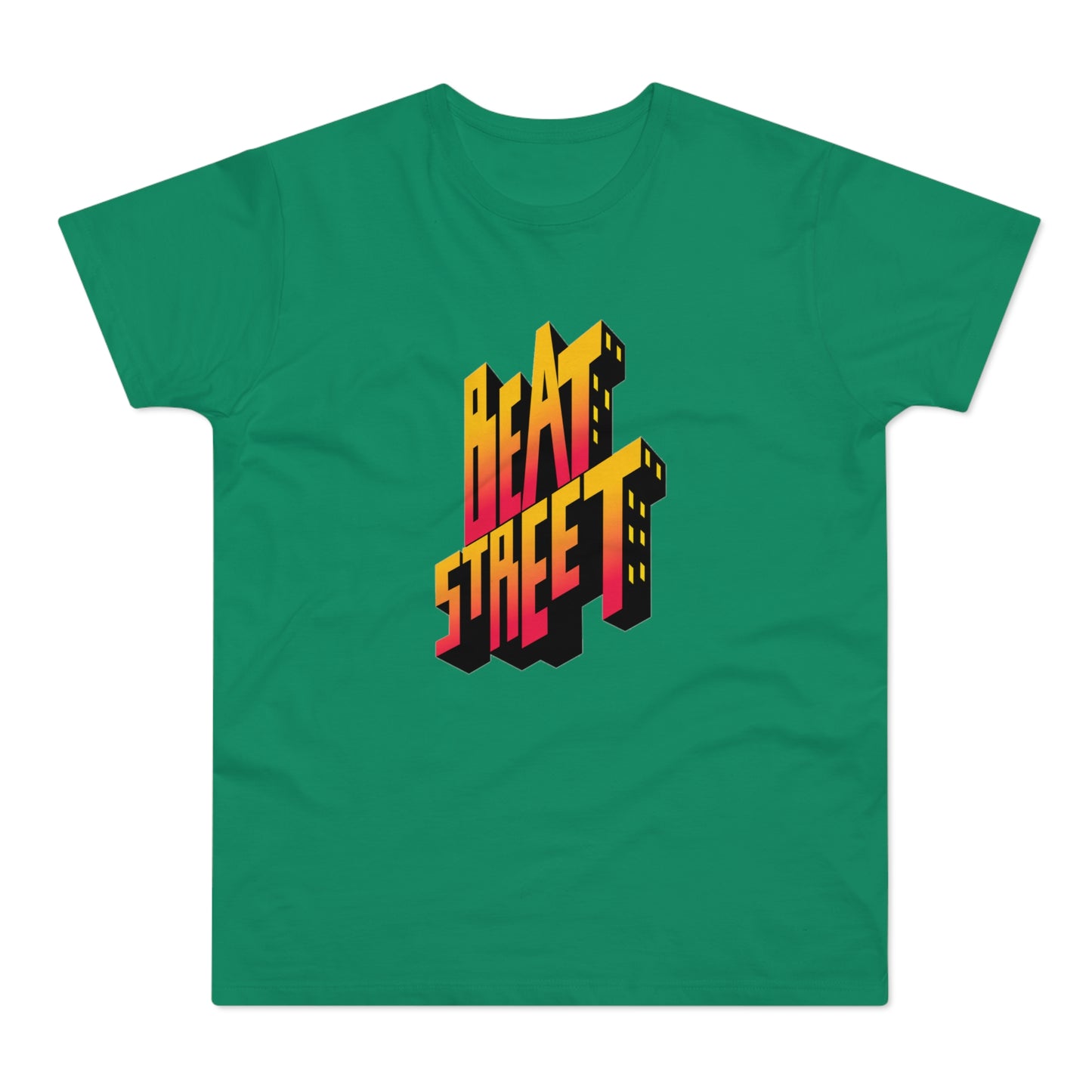 Green t-shirt with 3D "BEAT STREET" text graphic in yellow and orange.