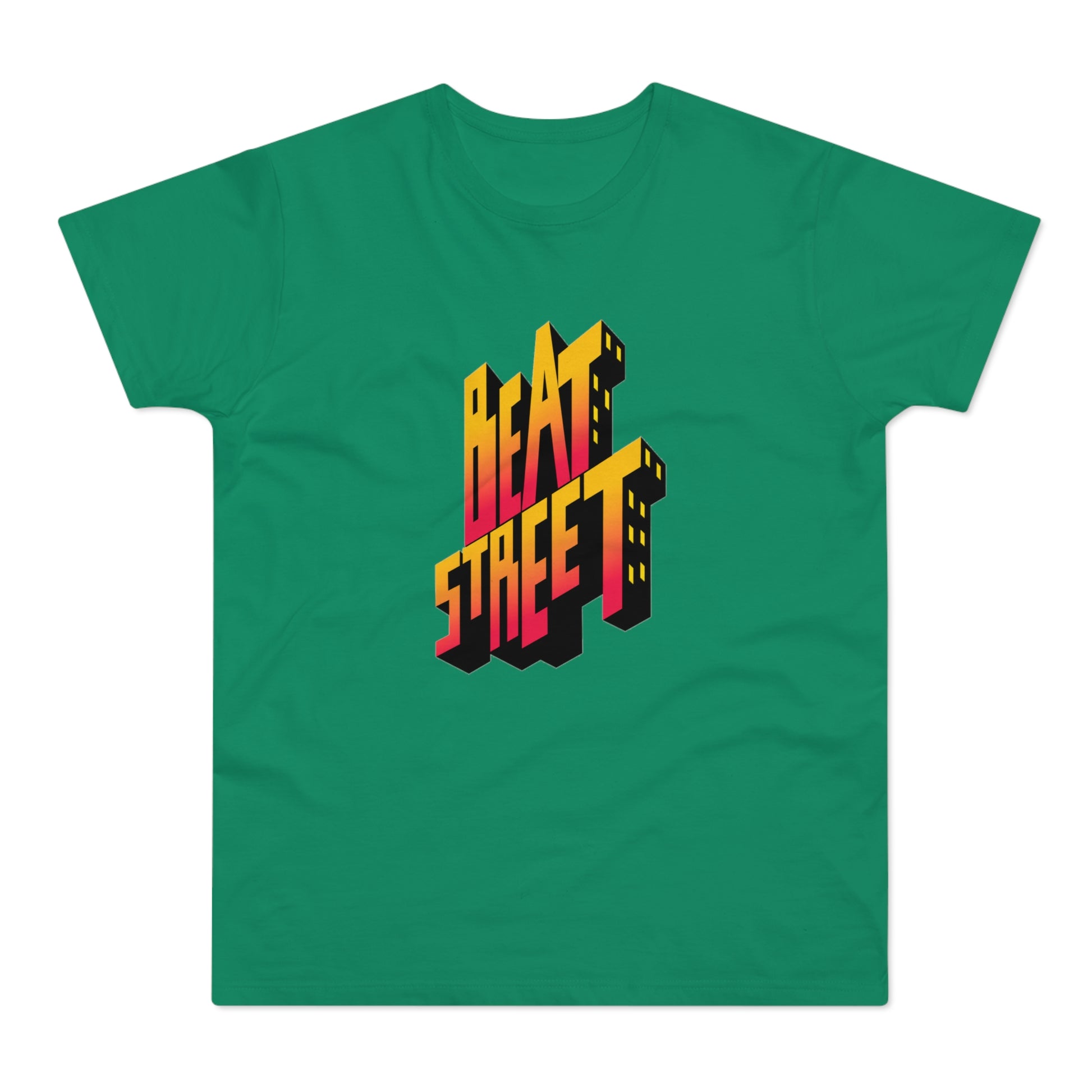 Green t-shirt with 3D "BEAT STREET" text graphic in yellow and orange.