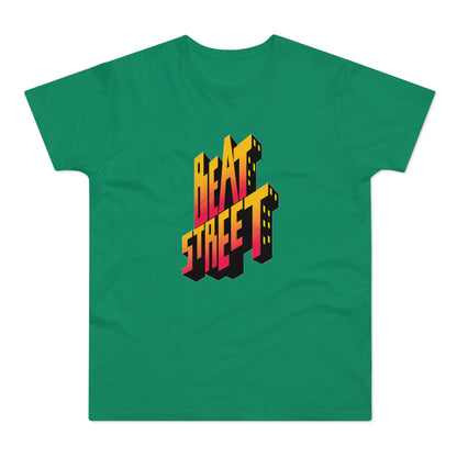 Green t-shirt with 3D "BEAT STREET" text graphic in yellow and orange.