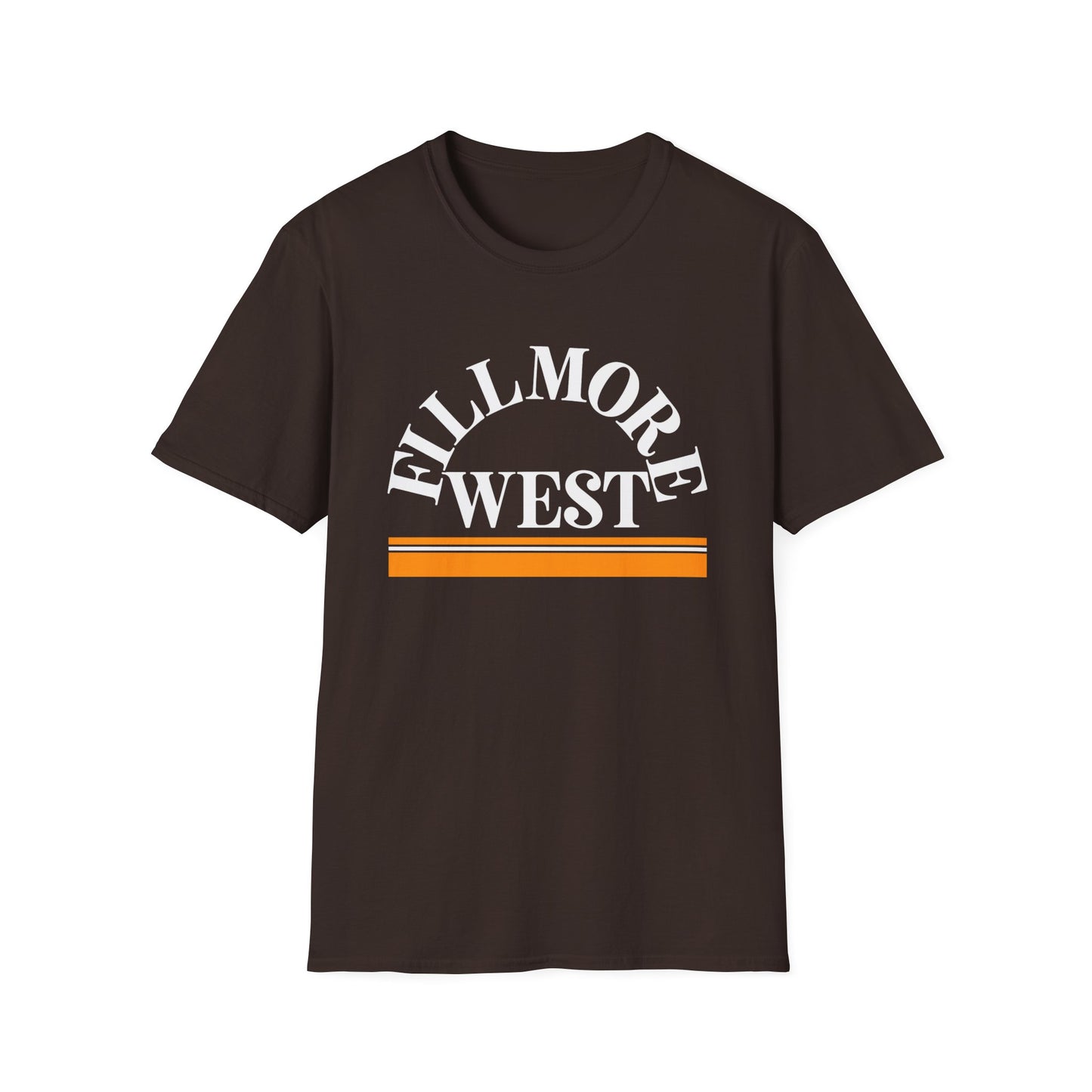 Brown t-shirt with white arched "Fillmore West" text and orange stripes.