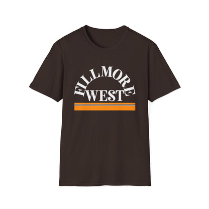 Brown t-shirt with white arched "Fillmore West" text and orange stripes.